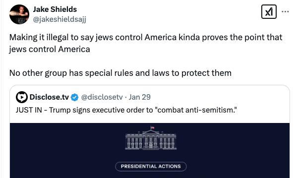 Tweet from Jake Shields' account criticizing Trump's executive order against antisemitism and claiming that this is further proof that Jewish people control the media.